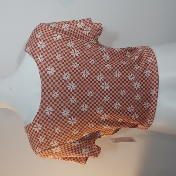 Plaid crop top. Short sleeve tee plunging v-neck, twist front. Balletcore. Large - Picture 5 of 12